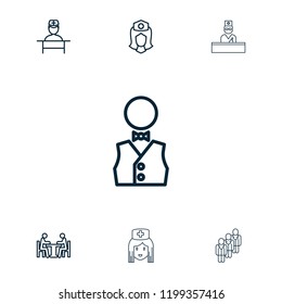 Staff icon. collection of 7 staff outline icons such as nurse, doctor, meeting, waiter. editable staff icons for web and mobile.