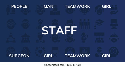 staff icon set. 32 filled staff icons. on blue background style Collection Of - People, Man, Teamwork, Girl, Surgeon, Doctor, Group, Pharmacist, Director, Maid, CV, Unemployed