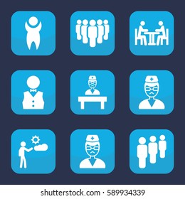 staff icon. Set of 9 filled staff icons such as man, doctor, meeting, waiter