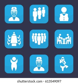 Staff icon. set of 9 filled staff icons such as maid, doctor, meeting, waiter, group