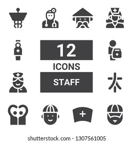 staff icon set. Collection of 12 filled staff icons included Coach, Nurse, Man, People, Characters, Doctor, Caduceus