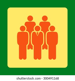 Staff icon. This flat rounded square button uses orange and yellow colors and isolated on a green background.