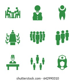 Staff icons set. set of 9 staff filled icons such as nurse, doctor, meeting, waiter, group