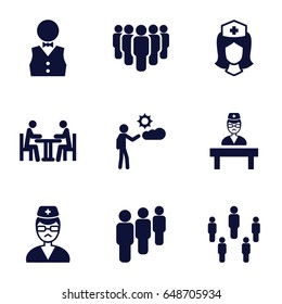 Staff icons set. set of 9 staff filled icons such as nurse, man, doctor, meeting, waiter