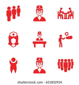 Staff icons set. set of 9 staff filled icons such as nurse, man, doctor, meeting