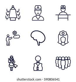 staff icons set. Set of 9 staff outline icons such as maid, nurse, man, doctor, meeting, waiter
