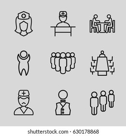 Staff icons set. set of 9 staff outline icons such as nurse, doctor, meeting, waiter, man