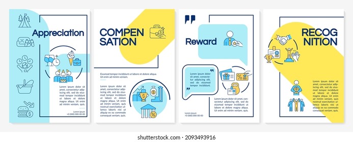Staff incentives brochure template. Recognition. Booklet print design with linear icons. Vector layouts for presentation, annual reports, advertisement. Questrial-Regular, Lato-Regular fonts used