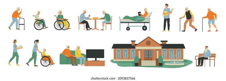 Staff and inhabitants of nursing home flat set with elderly people spending leisure time together and assistants looking for disabled isolated vector illustration