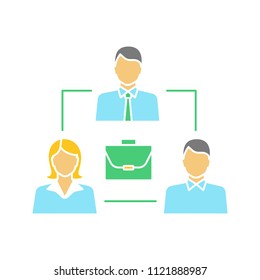 Staff interaction glyph color icon. Silhouette symbol on white background with no outline. Collective problem solving. Partnership. Negative space. Business deal. Investors. Vector illustration