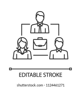 Staff interaction linear icon. Partners. Thin line illustration. Collective problem solving. Partnership. Contour symbol. Business deal. Investors. Vector isolated outline drawing. Editable stroke