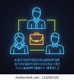 Staff interaction neon light icon. Partners. Collective problem solving. Partnership. Glowing sign with alphabet, numbers and symbols. Business deal. Investors. Vector isolated illustration