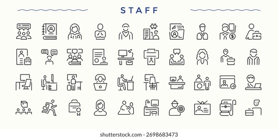 Conjunto de iconos lineales de personal. Signo y Símbolo. Ilustración vectorial. Píxel perfecto. Conjunto de iconos relacionados con la persona. Contiene signo lineal humano, gerente, personas, negocios y más.