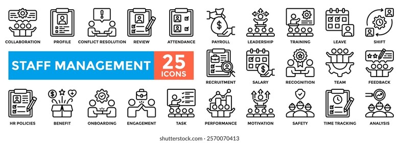 Staff management icon collection set.Containing recruitment, training, motivation, performance, salary, benefit icon.Simple line vector illustration.