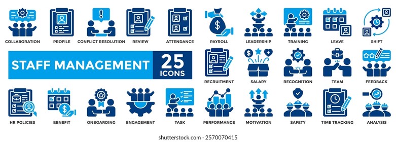 Staff management icon collection set.Containing recruitment, training, motivation, performance, salary, benefit icon.Simple flat vector illustration.