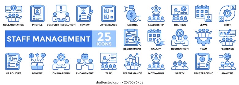 Staff management icon collection set.Containing recruitment, training, motivation, performance, salary, benefit icon.Simple blue vector illustration.	
