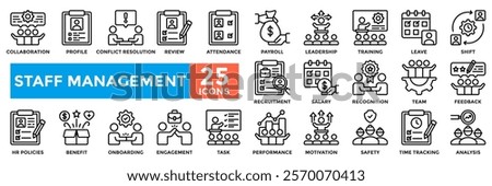 Staff management icon collection set.Containing recruitment, training, motivation, performance, salary, benefit icon.Simple line vector illustration.