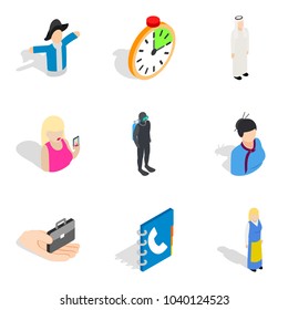 Staff management icons set. Isometric set of 9 staff management vector icons for web isolated on white background