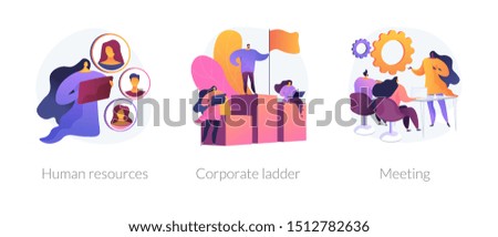 Staff management icons set. Job promotion, leadership ways. Business conference. Human resources, corporate ladder, meeting metaphors. Website web page template - concept metaphors. Foto stock © 