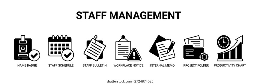 Staff Management web banner icon vector illustration concept with icons of name badge, staff schedule, staff bulletin, workplace notice, internal memo, project folder, productivity chart.