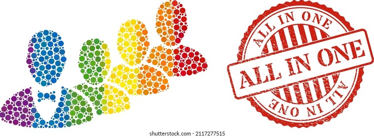 Staff manager mosaic icon of spheric dots in different sizes and rainbow colored color tinges. Red round distress seal stamp with All in One title. A dotted LGBT- colored staff manager for lesbians,