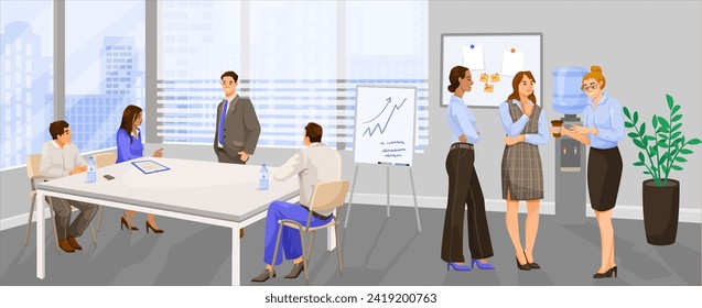 Staff meeting at long desk on presentation in office room. Manager stands near financial diagram. Team work on conference. Business training, discussion and brainstorming seminar. Vector illustration