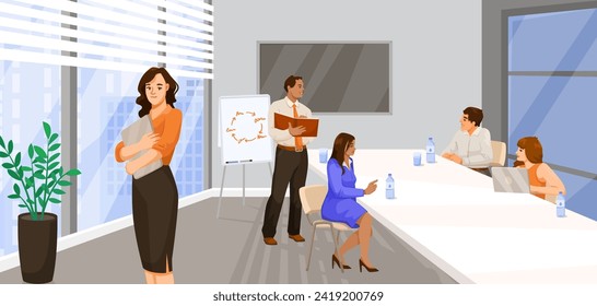 Staff meeting at long desk on presentation in office room. Manager stands near financial diagram. Team work on conference. Business training, discussion and brainstorming seminar. Vector illustration