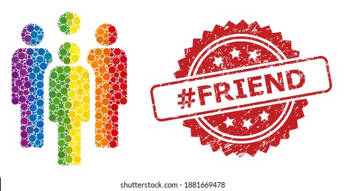 Staff mosaic icon of filled circle spots in variable sizes and rainbow colored color tints, and hashtag Friend rubber rosette stamp. A dotted LGBT-colored Staff for lesbians, gays, transgenders,