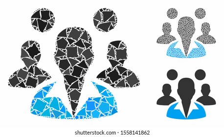 Staff mosaic of rugged pieces in variable sizes and color tinges, based on staff icon. Vector trembly items are combined into mosaic. Staff icons collage with dotted pattern.
