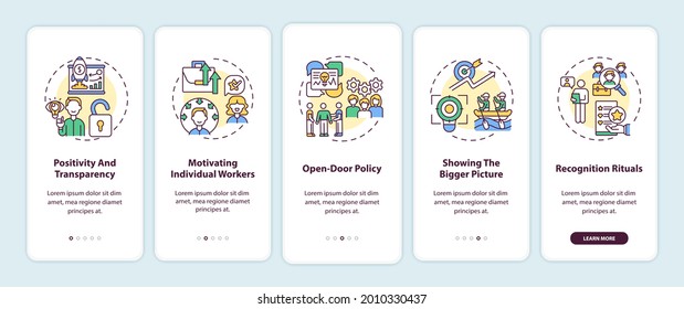 Staff motivation strategies onboarding mobile app page screen with concepts. Encourage workers walkthrough 5 steps graphic instructions. UI vector template with RGB color illustrations
