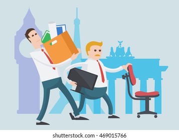 Staff moving office to another country over Brexit. Vector flat image.