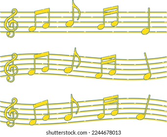 A staff notation of treble clef and musical note symbols drawn with blue and yellow dashed lines on the theme of music
