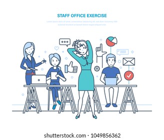 Staff office exercise. Business office workers. Clerk girl engaged exercise. Working woman, business lady doing workout, stretching, resting during in working time day. Illustration thin line design.