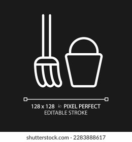 Staff only enclosure pixel perfect white linear icon for dark theme. Janitor room with equipment. Toilet cleaning tools. Thin line illustration. Isolated symbol for night mode. Editable stroke