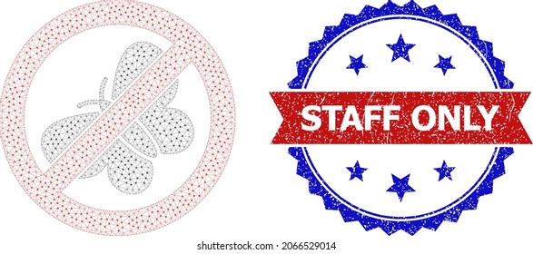 Staff Only scratched stamp seal, and stop butterfly icon mesh structure. Red and blue bicolor stamp seal includes Staff Only text inside ribbon and rosette. Abstract flat mesh stop butterfly,