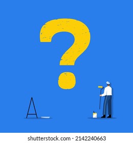 A staff painting a big question mark on a wall in flat design