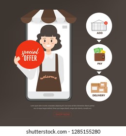 Staff people presenting to how to shopping online website. Add to cart.  Supermarket online store.