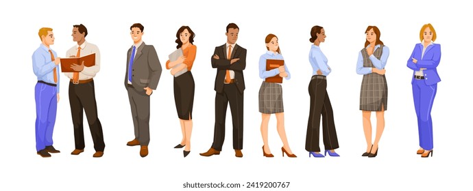 Staff persons set isolated on white background. Team of managers and employers stands in line. Team work on conference. Business training, discussion, brainstorming concept icons. Vector illustration