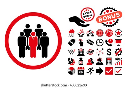 Staff pictograph with bonus icon set. Vector illustration style is flat iconic bicolor symbols, intensive red and black colors, white background.