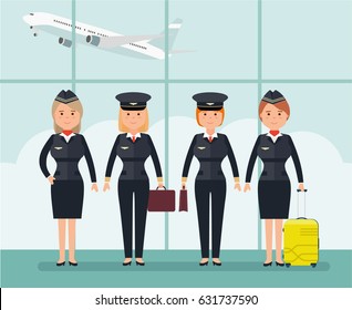 The Staff Of The Plane. The Crew Of A Civilian Aircraft Into The Airport. Women Pilots And Flight Attendants. Vector Illustration In Flat Style