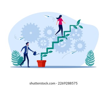 el personal plantó una escalera para crear crecimiento. Crecimiento empresarial o desarrollo de la empresa. concepto de inversión