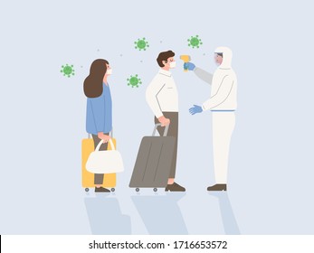 Staff in PPE suit using Infrared Thermometer to scan body temperature of traveler while stand in line. Illustration about protection about virus spreading.