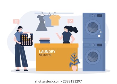 Staff at reception counter, female staff at dry-cleaning and laundry. Washing machines and various clean clothes. Woman client give dirty clothes for laundry service. laundromat. vector illustration