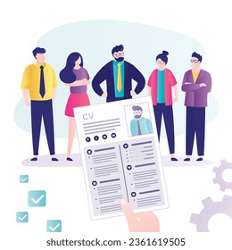 Staff recruitment concept. Employer hand holds paper resume. Human resources selection, employment job cv. People candidates interview. Hr agent choosing employee. Recruiting process. flat vector