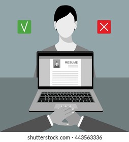 Staff recruitment conception. Resume on screen of a laptop and a woman behind it.