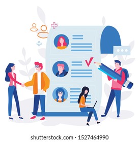 Staff recruitment or employee hiring Vector illustration for web banner, mobile website. Landing page template. choice of worker or personnel, Man and woman office workers hiring employee. 