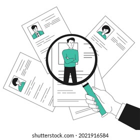 Staff Recruitment. Hr Look On Employee In Magnifying Glass, Human Manager. Hiring Business Team, People Resume Or Cv. Search Job Recent Vector Concept