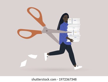 A staff reduction concept, a young female Black character being hunted by a pair of scissors