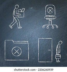 Staff Reduction And Dismissal Icon Set On Chalkboard. Vector Illustration.