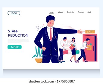 Staff reduction vector website template, landing page design for website and mobile site development. Professional staff layoff due to lack of funds, work, reorganization. Economic crisis, job loss.